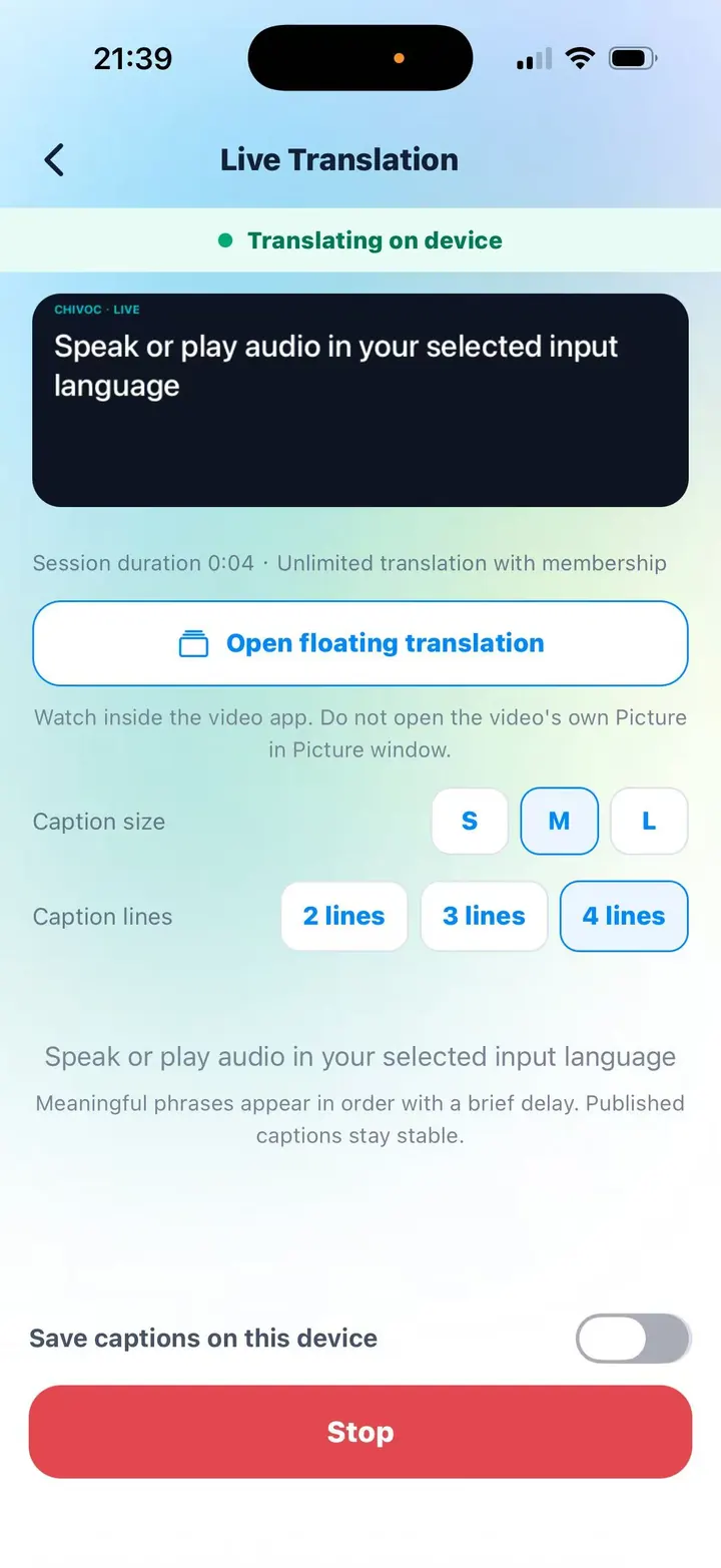 Chivoc Live Translation screen showing on-device translation and the Open floating translation control