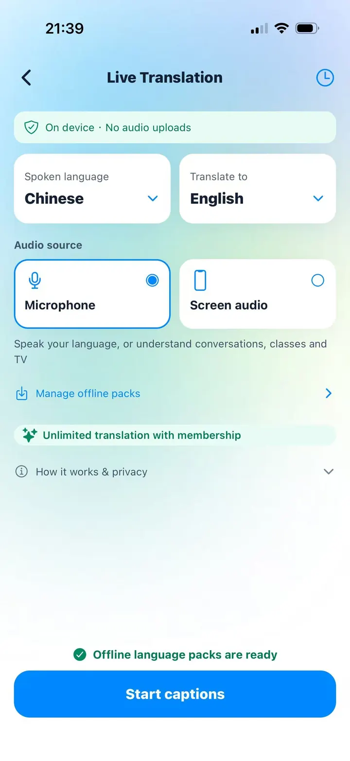Live Translation language controls in Chivoc with on-device processing and offline packs
