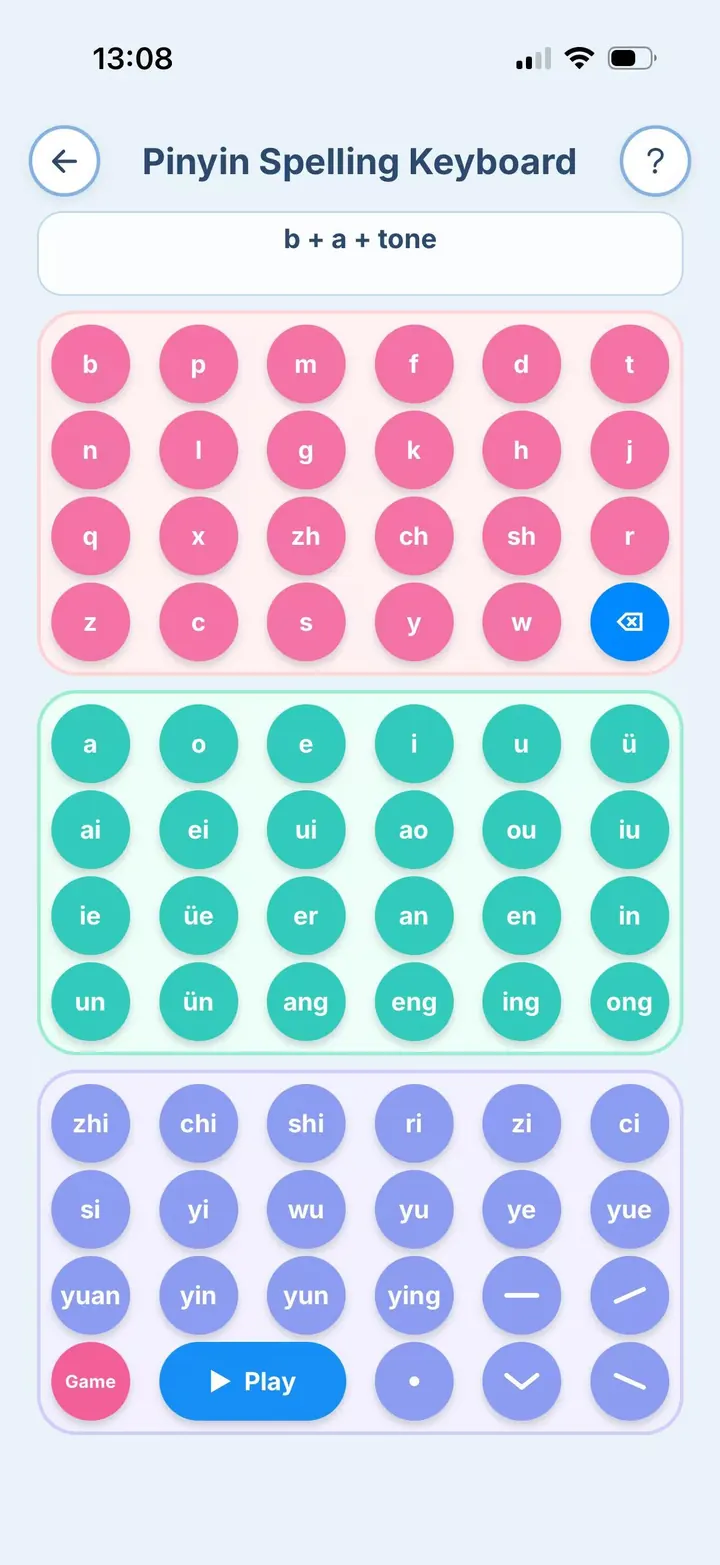 Chivoc Pinyin Spelling Keyboard with initials, finals, whole syllables, and tone controls